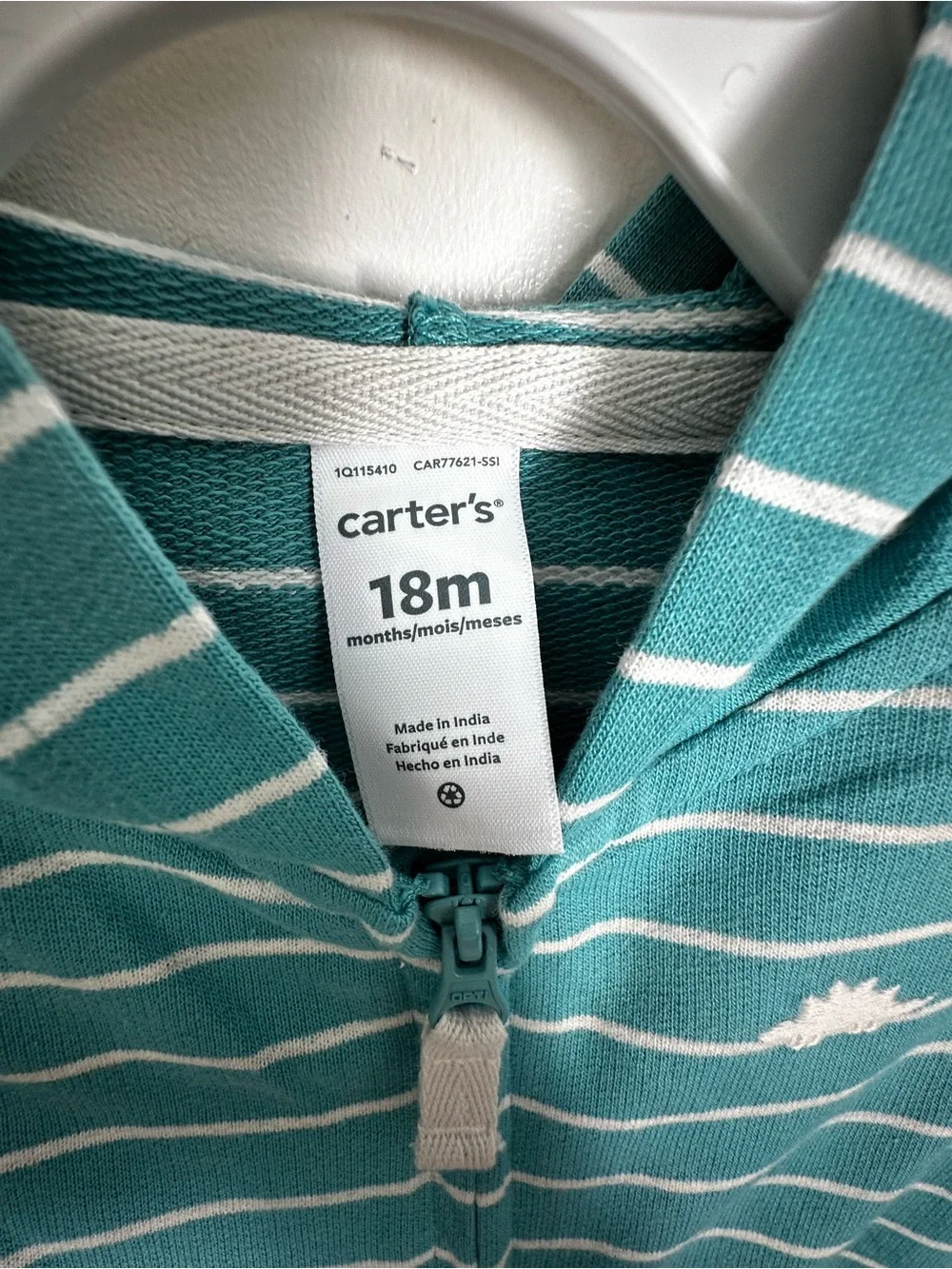 Carter's Teal and White Striped Hooded One-Piece Footie